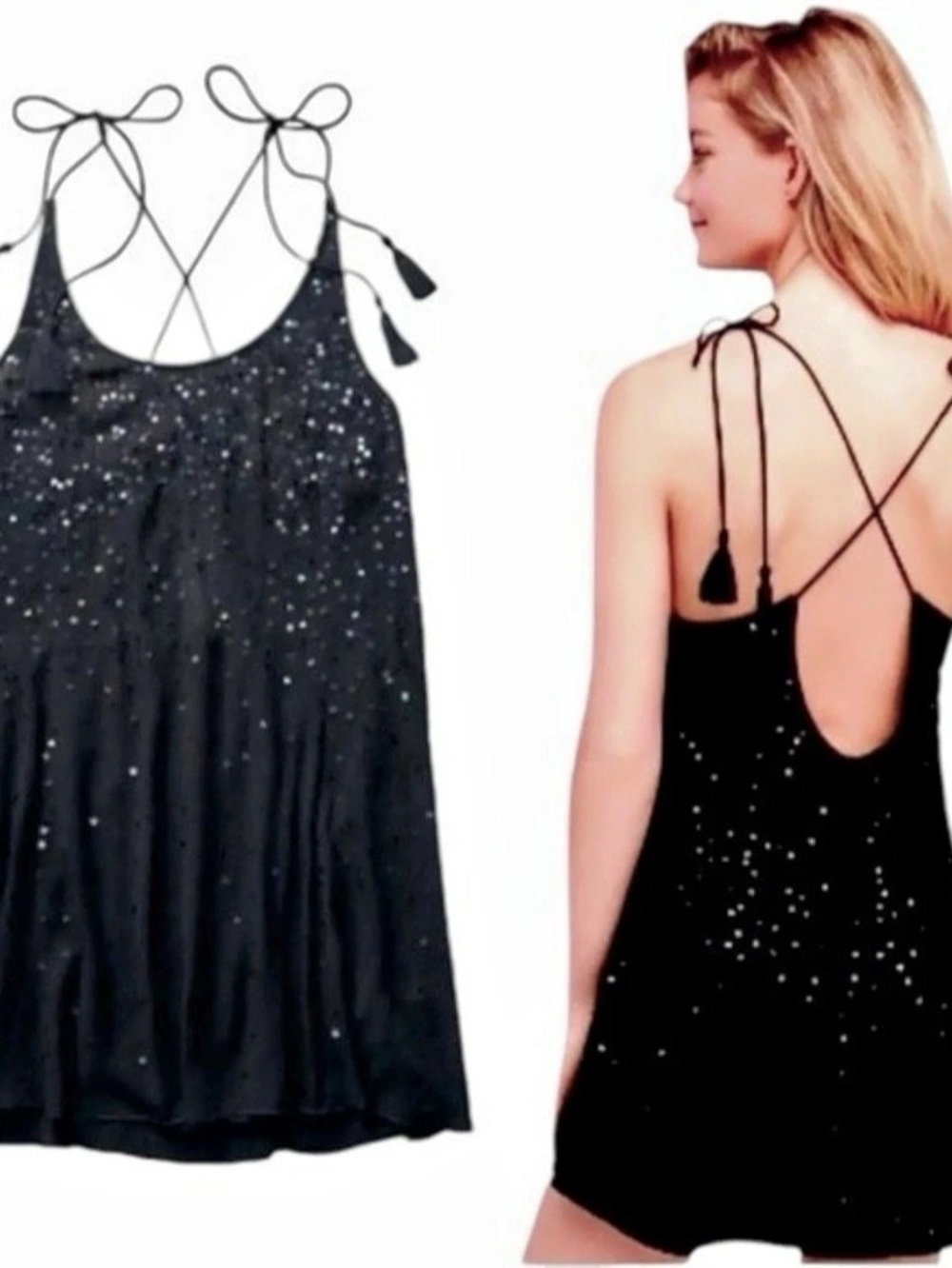 Intimately Free People Black Crinkle Sequin Slip Mini Dress Tassels Women's Size